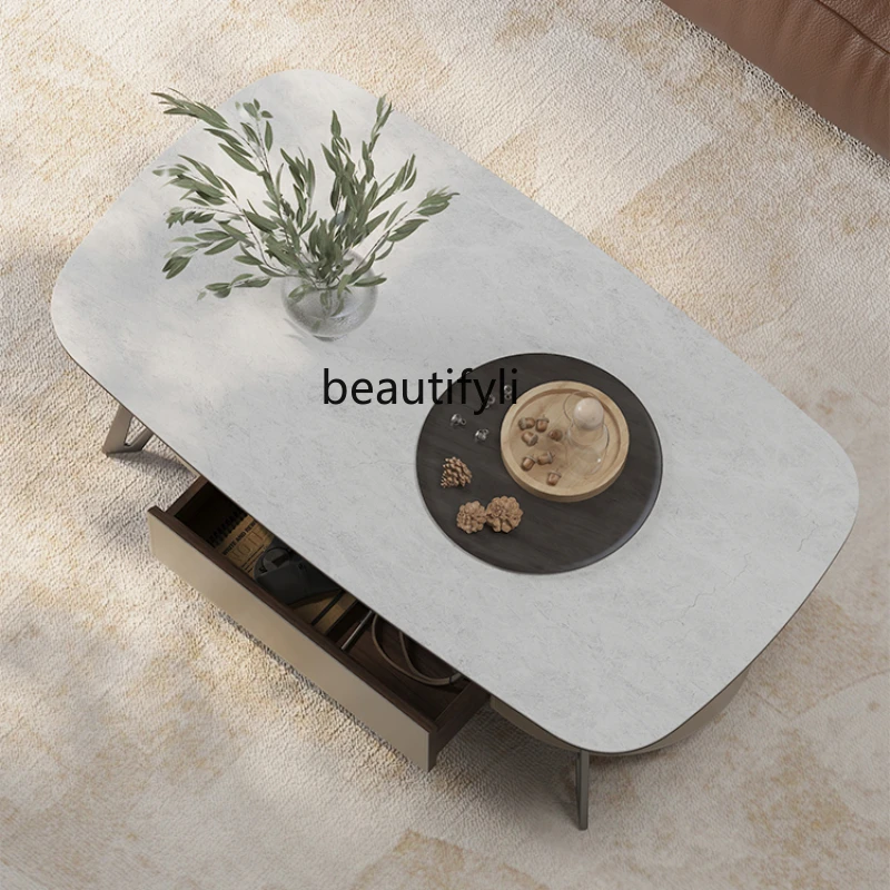 

Italian Minimalist Home Living Room Stone Plate Coffee Table Modern Light Luxury High-Grade Small Apartment with Silent Style