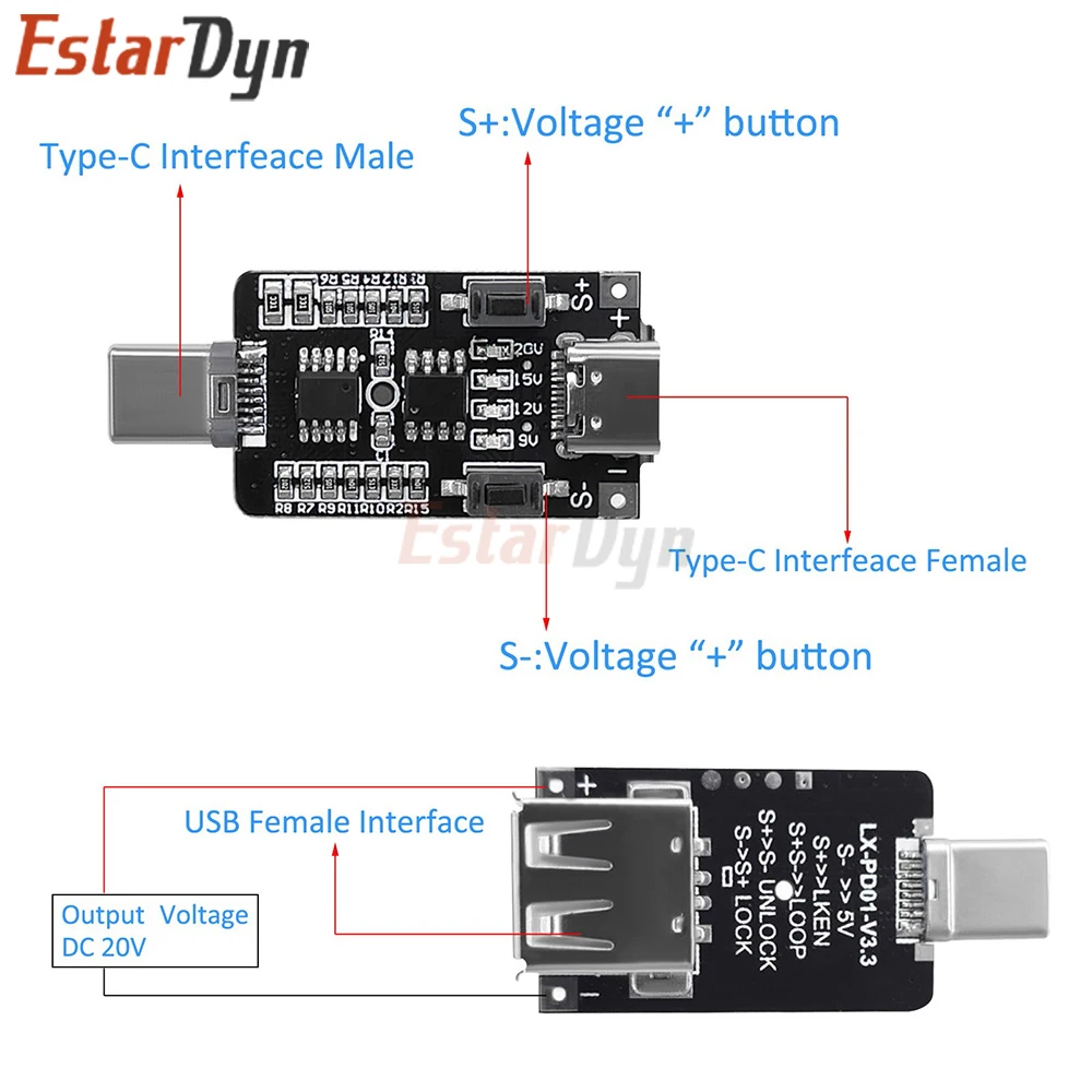 Estardyn  100W 5A USB-C PD/QC Decoy Trigger Module 5V/9V/12V/15V/20V Fast Charging Protocol Board for Charger Aging Test