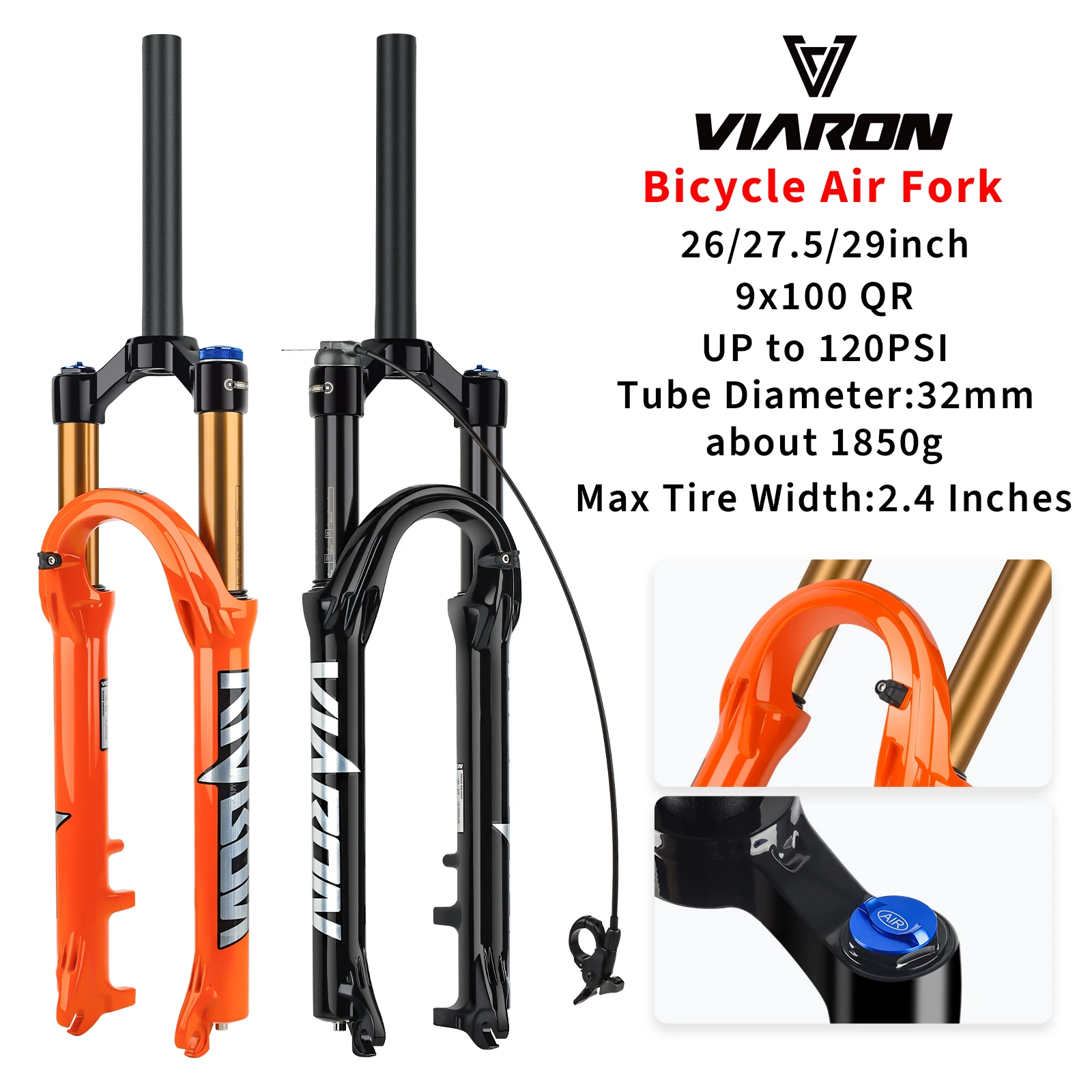 VIARON Bicycle Suspension Air Fork 26/27.5/29 Inch Magnesium Alloy MTB Air Fork  RL/LO Straight Tube Quick Release 120mm Travel