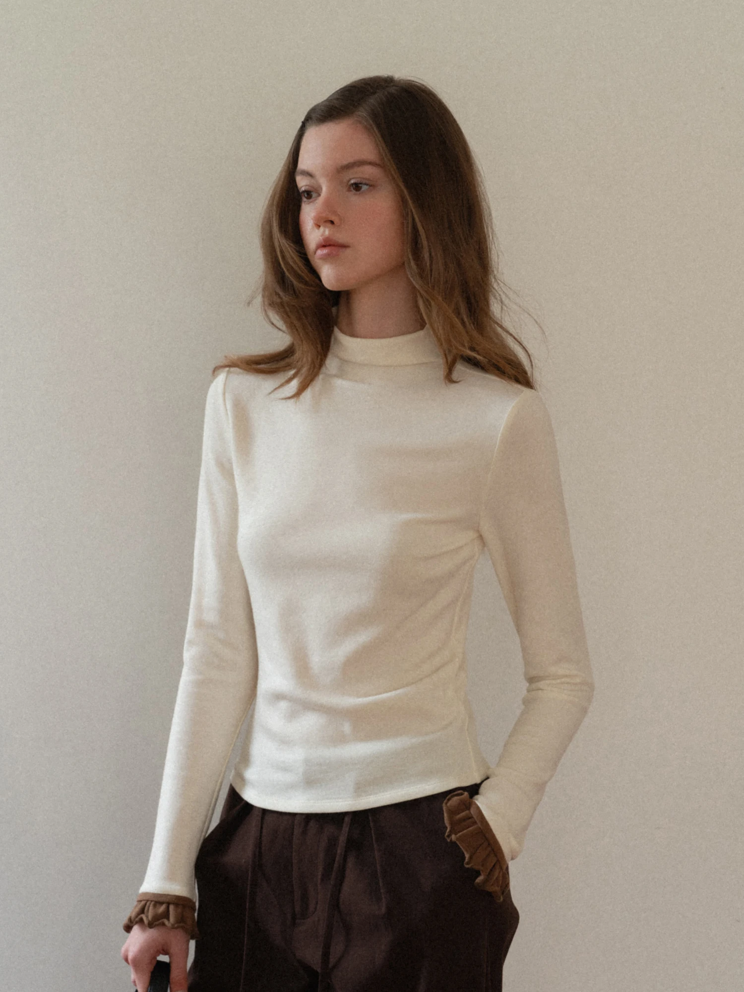 

Eggka Color Blo Lace Trim f High Collar Long Sve Floing T irt Slim Fit oulder Appropriate Base irt for Women