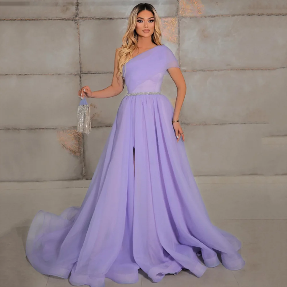 Elegant Fairy Black Purple Women Prom Dress Sexy Side High Split Floor Length Shiny Belt Off Shoulder A-Line فساتين حفلة موسيقية