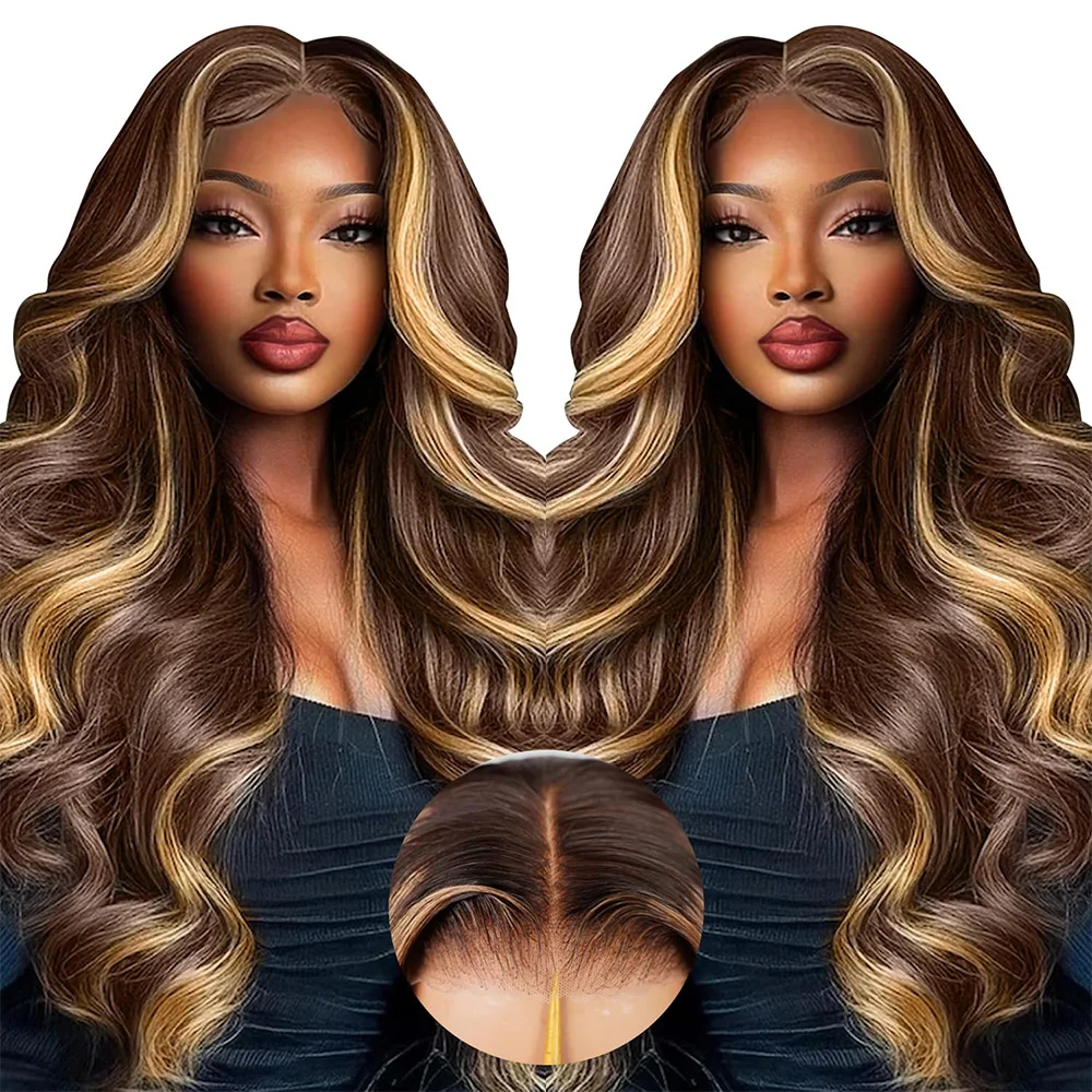 

P/427 Highlight Body Wave 13x6 HD Парики из натуральных волос на кружеве, 13x4 парики из натуральных волос на кружеве для женщин, 36-дюймовые цветные парики с волнистыми волосами.