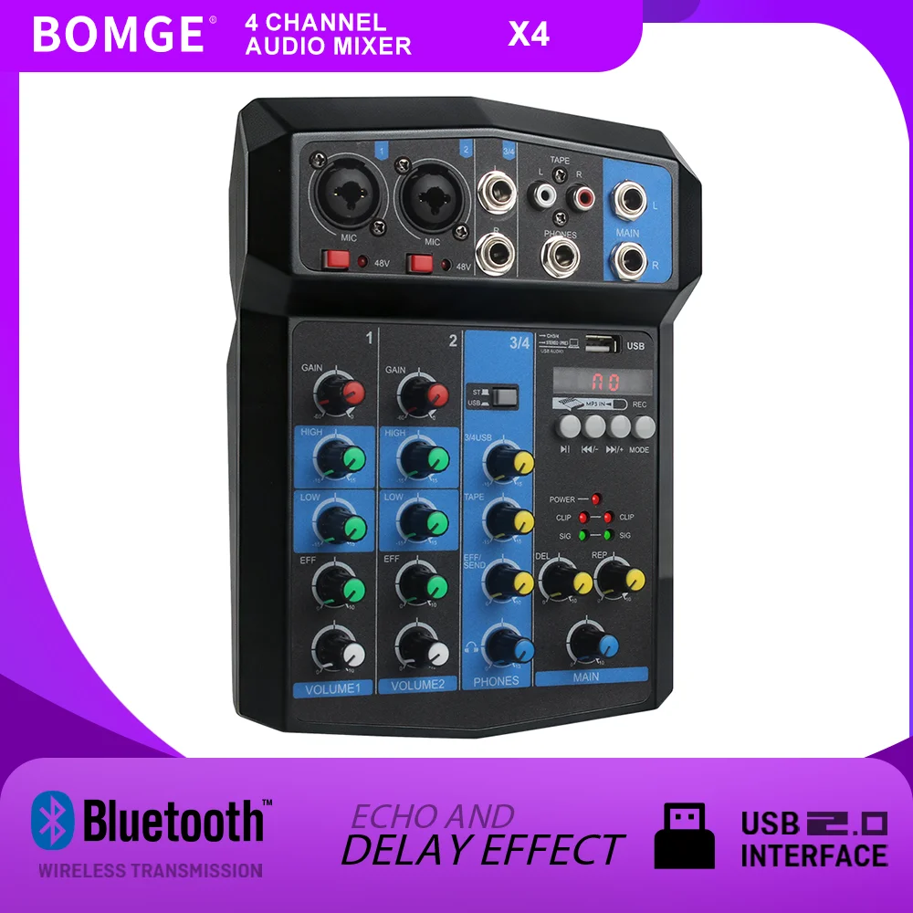 Professional 4channel Audio mixer DJ Mixing Console With USB audio Interface 48V BT for microphone DJ Karaoke PC Recording Party