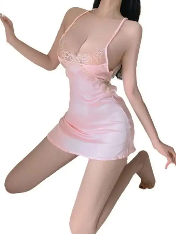 Ijs Zijde Hollow Out Nachtjapon Vrouwen Sexy Verleiding Kant Nacht Jurk Vrouwelijke Schoonheid Terug Bandage Nachtkleding Jarretel Jurk CFG3