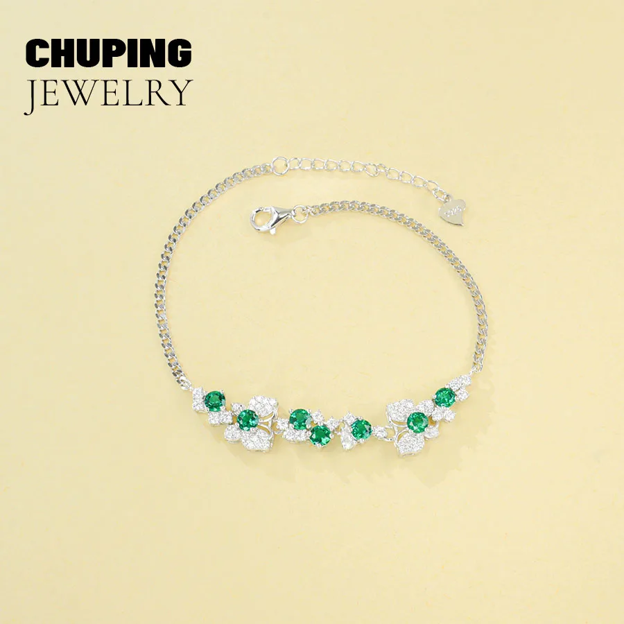 ChuPing مجوهرات الأزياء مختبر نمت الزمرد قطع مستديرة 3.5 مللي متر S925 سوار للنساء الكلاسيكية حفلة عيد الحب هدية عيد ميلاد