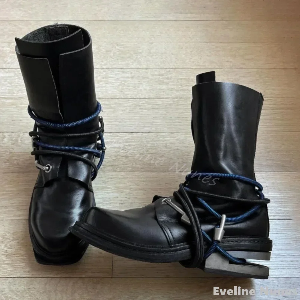 Super Cool Metal Buckle Hiking Boots Climbing Rope Men Round Toe Chunky Heel Slip On Black Mid Calf Boots New Hotties Boots