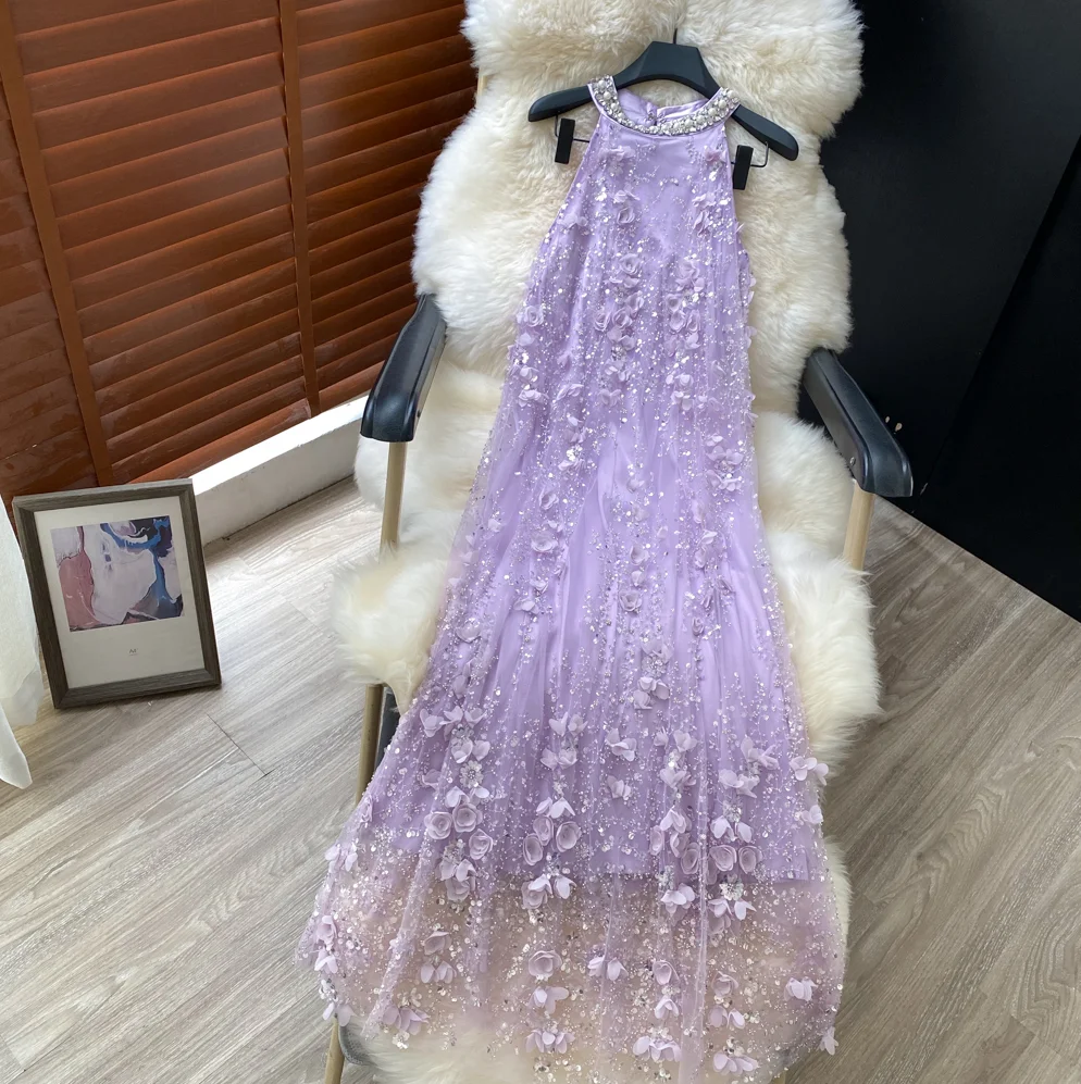 

French heavy industry diamond studded hanging neck sleeveless three-dimensional flower sequin mesh dress female DJ singer dress