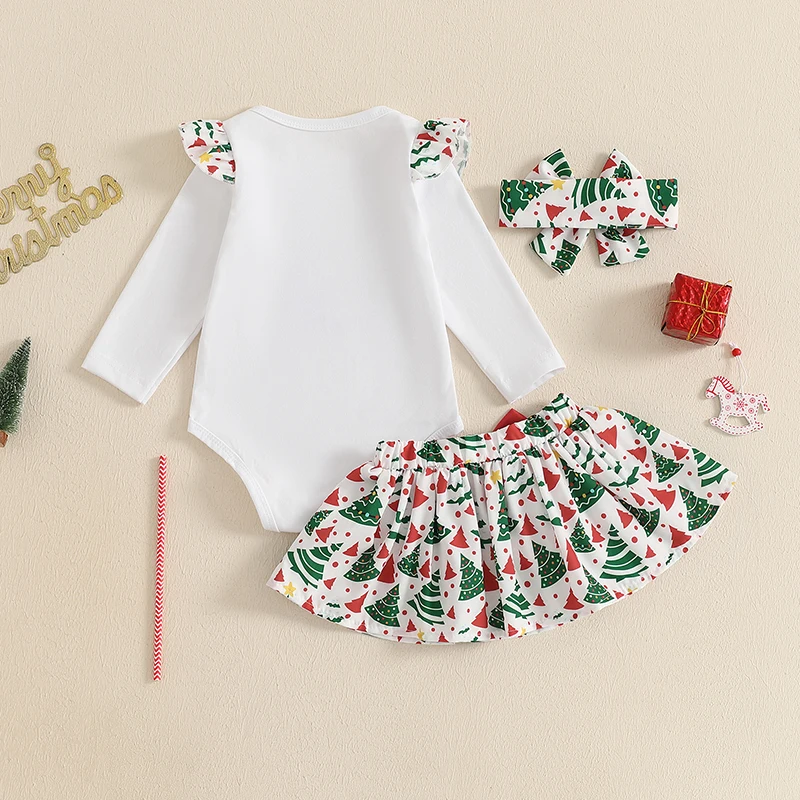 3-24M Baby Girls 3Piece Christmas Outfit Sets Ruffled Long Sleeve Letter Tree Print Rompers + A-line Skirt + Bowknot Headband