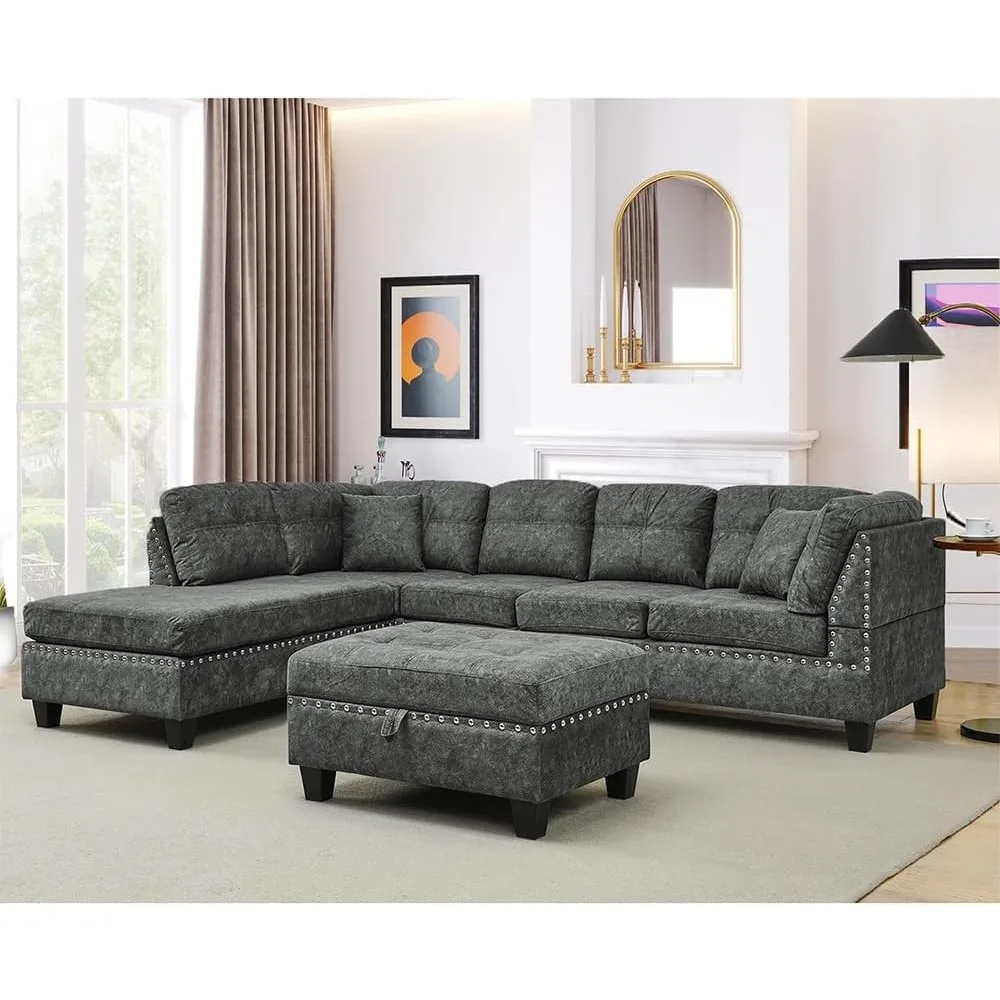 

Living Room Furniture Sets,Sectional Sofa with Storage Ottoman,L-Shaped 2 Pillows&Extra Wide Reversible Chaise