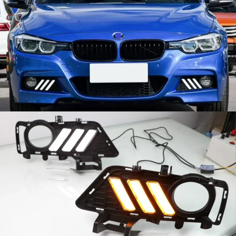 For BMW F30 F35 3 Series 2013-2019 Daytime running lights LED DRL Fog lamp driving lights with Yellow Turn Signal Function Relay