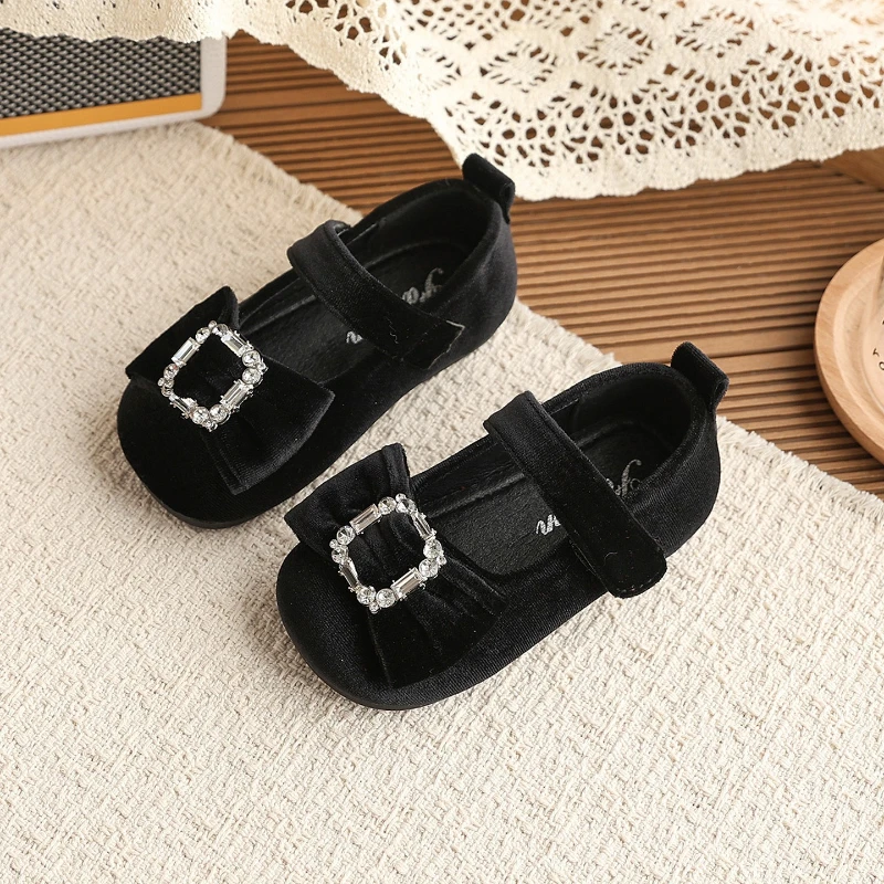 2026Spring New Bow Girl Leather Shoes Comfort Anti Slip Kids Flat Casual Shoe Retro Versatile Water Diamond Girls Princess Shoes