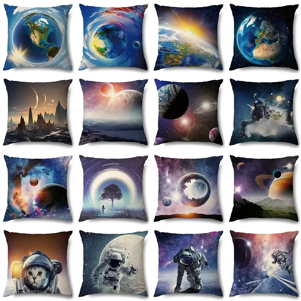 

Cosmic Blue Planet Cover Fantasy Astronaut Printed Square Pillowslip Polyester Cushion Cover Pillowcase Living Room Home Decor
