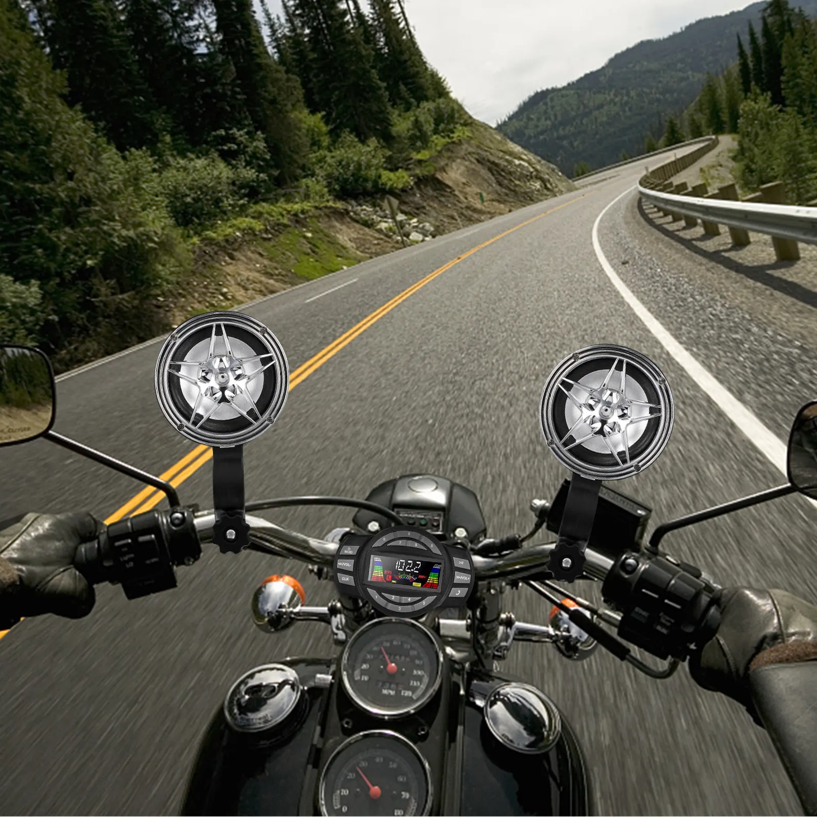 

1 комплект водонепроницаемых мотоциклетных колонок с стильным дизайном в виде пятиконечной звезды, беспроводным FM-радио и воспроизведением с USB-карты