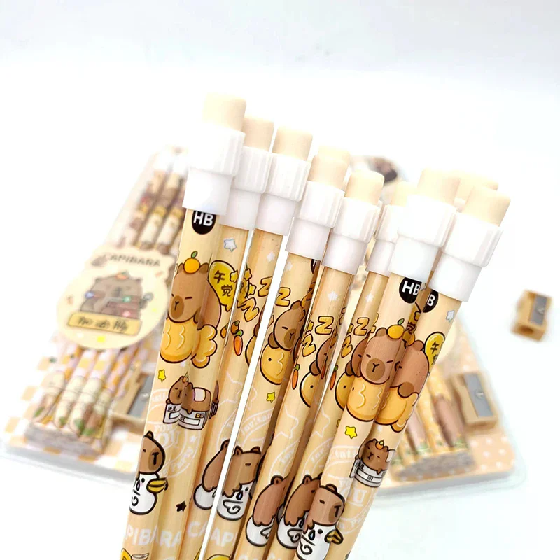 12pcs Cute Cartoon Capybara HB Pencils Stationery Set With Pencil Sharpener School Students Stationery Gift