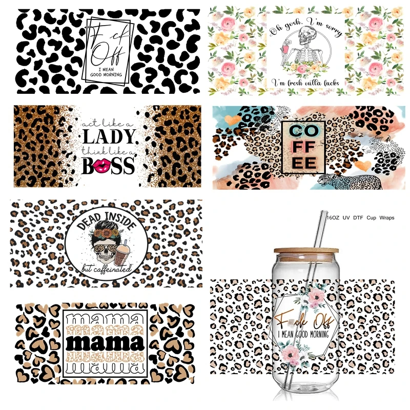 

Fashion Leopard Good Morning Design print 3D UV DTF Cup Wraps stickers Different Day Wraps for 16oz Libbey Glass Can