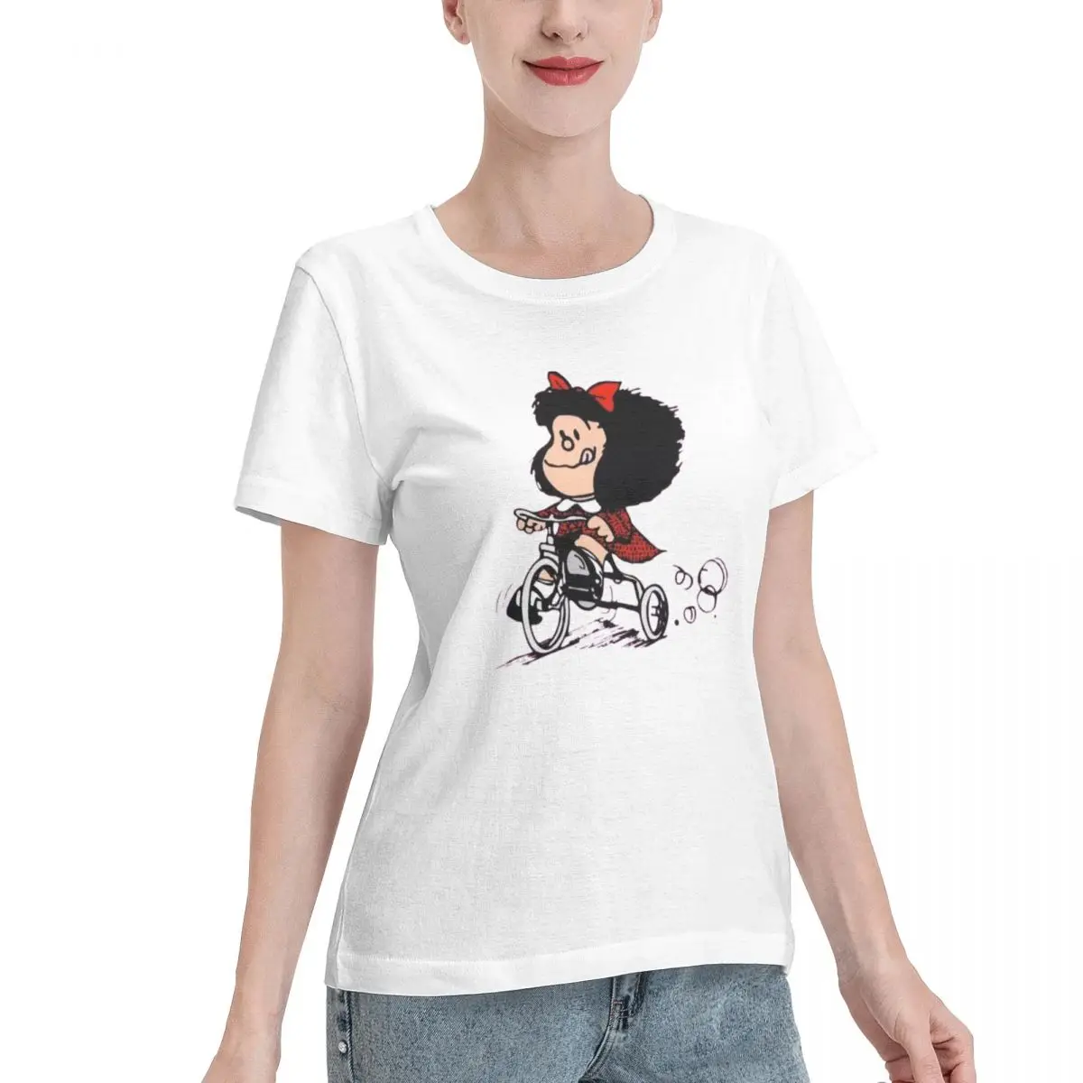 Mafalda On Tricycle Women's 100% Cotton Short Sleeve T-shirt Top Loose Tshirt