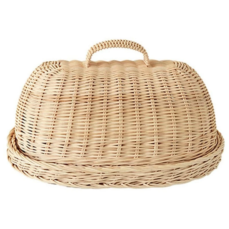 

4X Rattan Storage Tray With Cover,Hand-Woven Wicker Baskets,Bread Fruit Food Breakfast Display Box,For Food, Fruit,Cake