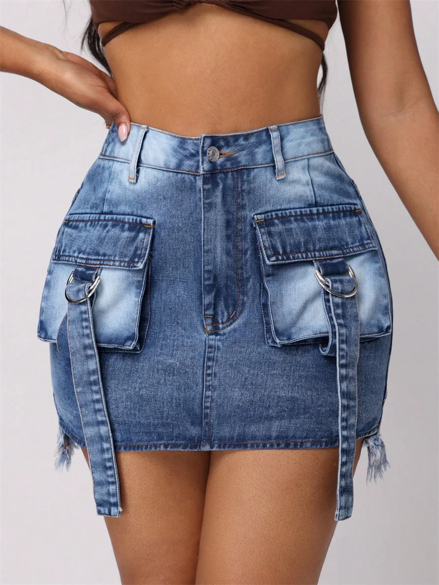 

Benuynffy High Waist Raw Hem Denim Skirt Women's Summer New Y2k Streetwear Bodycon Jean Skirt Fashion Zip Fly Cargo Mini Skirts