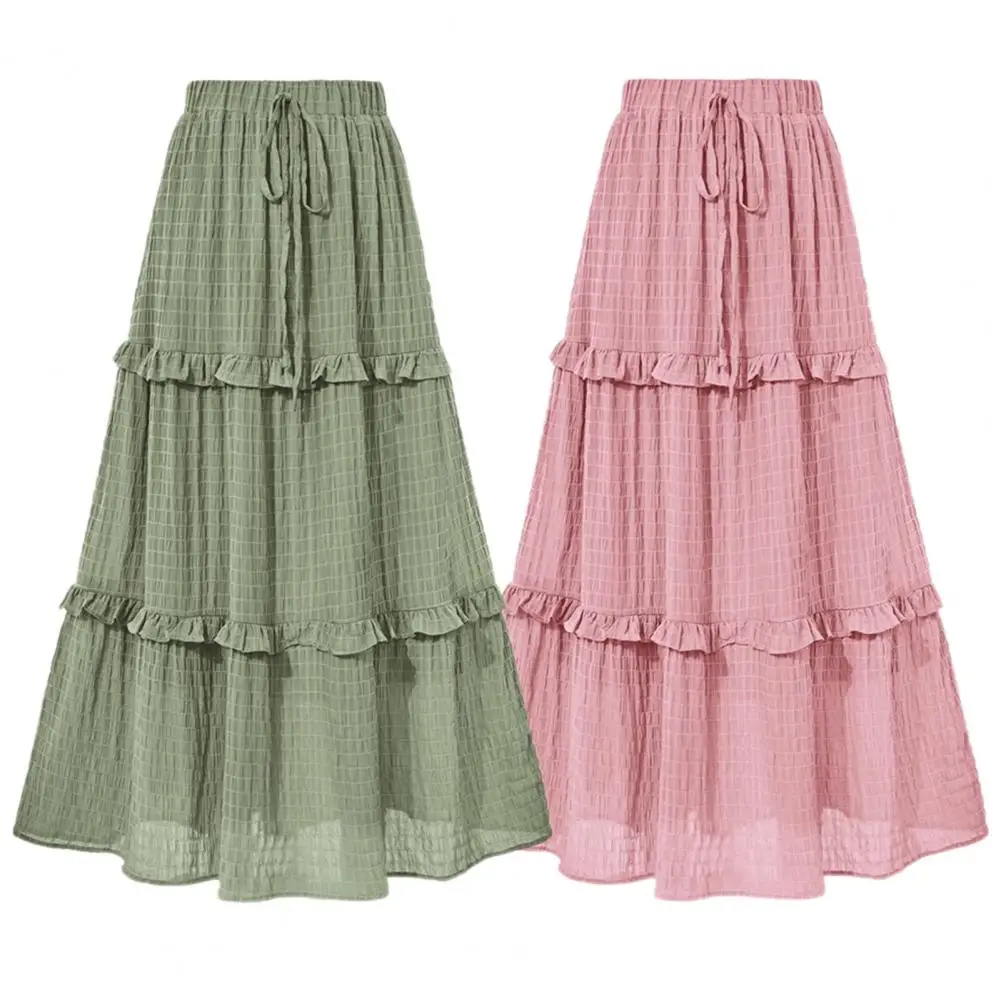 Women Midi Skirt Elastic High Waist Adjustable Drawstring Pleated Skirt Solid Color Ruffle Stitching A-Line Skirt Daily Wear