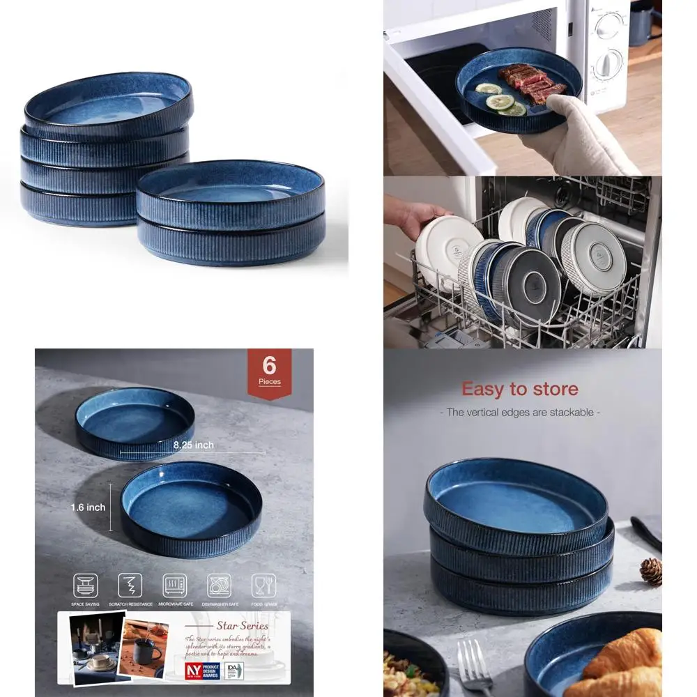 

Large Pasta Dinner Bowls Set of 6, Shallow Salad Plates, Eating Bowls in Nebulas Blue for Everyday Use