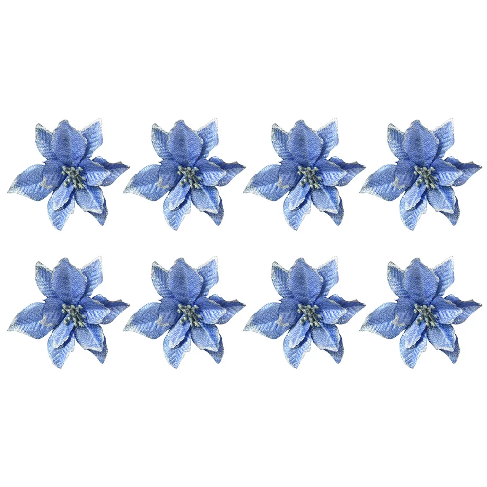 

8Pcs 13Cm Christmas Flower Decor Glitter Fake Flowers for Xmas Tree Wedding Centerpiece Office Building Mansion Decor Blue