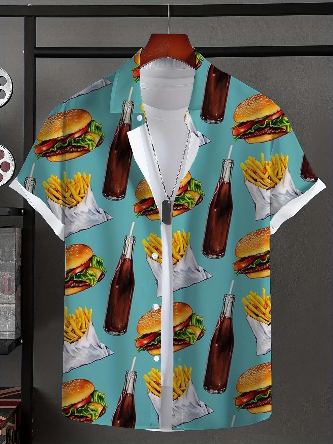 

Hawaiian Shirt For Men Funny Snack pattern 3D Printed Short Sleeve Shirts Summer French fries Tops Oversized Men Clothing