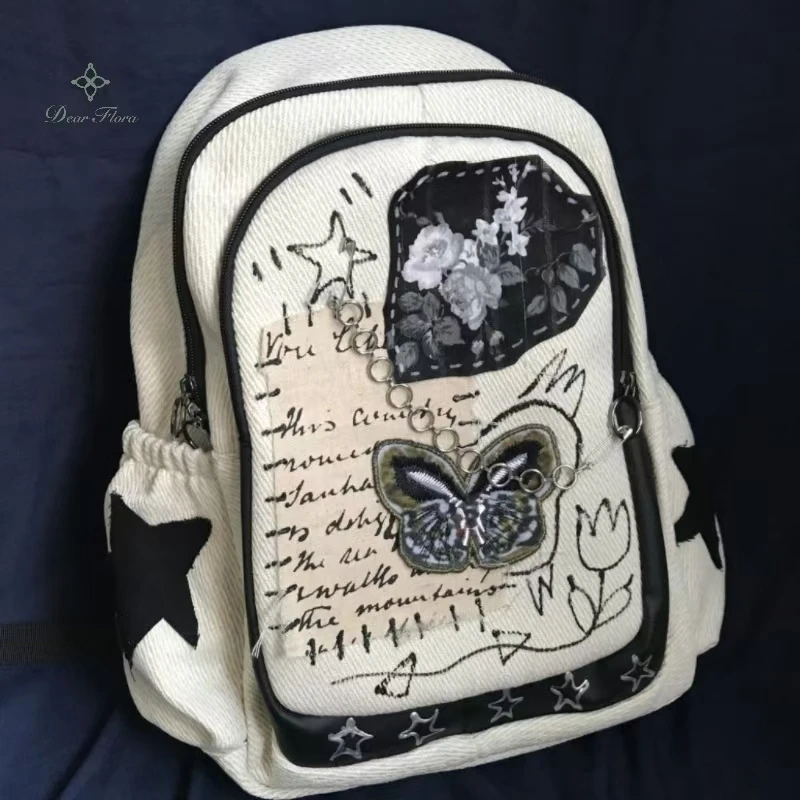 

Women Patchwork Flower Letter Butterfly Backpacks Y2K Vintage Chain Design Travel Knapsack Punk Large Capacity Student Schoolbag