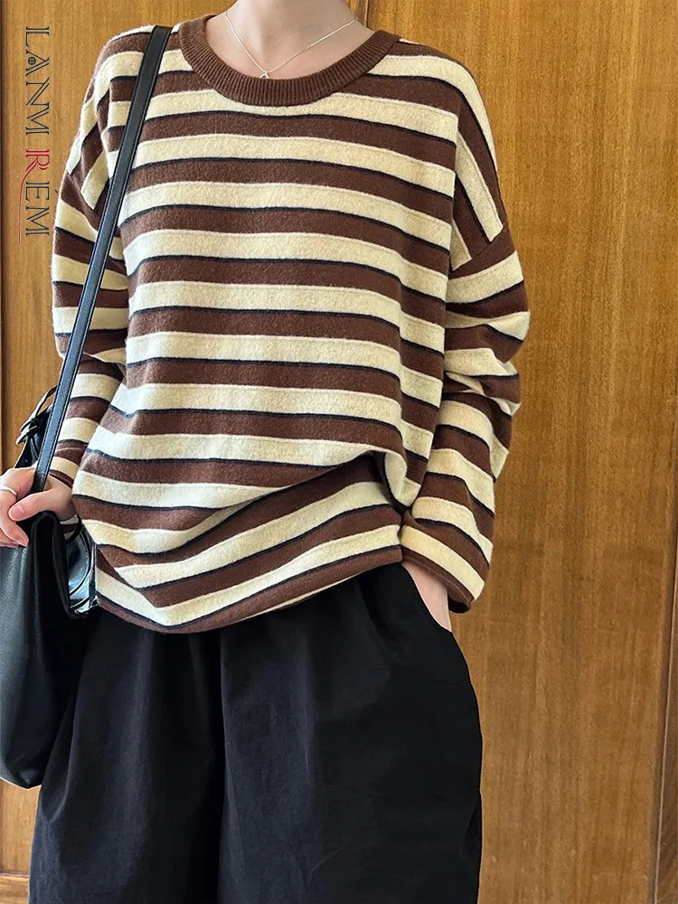 

LANMREM Striped Sweater For Women 2024 Autumn Winter New Minimalist Loose Style Female Casual Long Sleeves Pullover 2DA8834