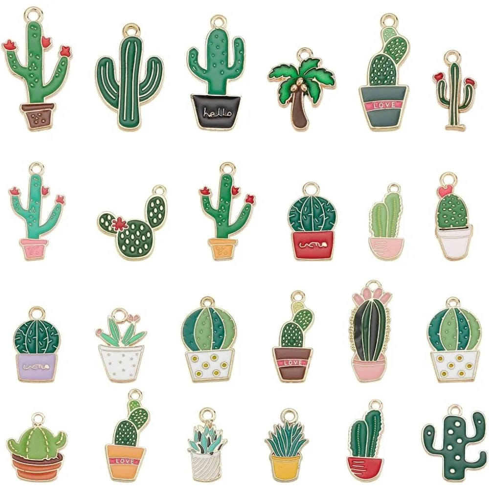 96pcs 24 Styles Cactus Charms Tropical Theme Charms Desert Plant Charms Enamel Dangle Charm Tropical Summer Plant