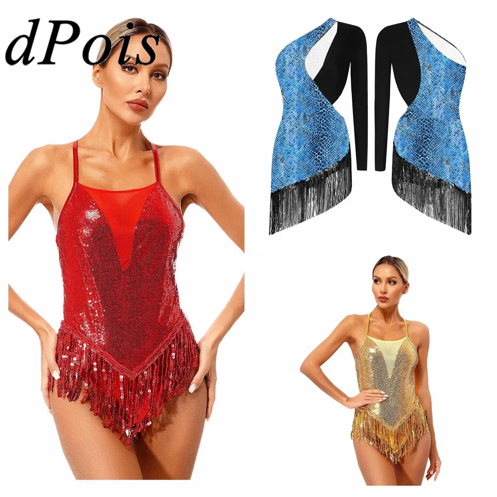 

Женский купальник с блестками и кисточками для латинских танцев, боди, танцевальная одежда, ча-ча, самба, сверкающий комбинезон для катания на коньках, сценический костюм