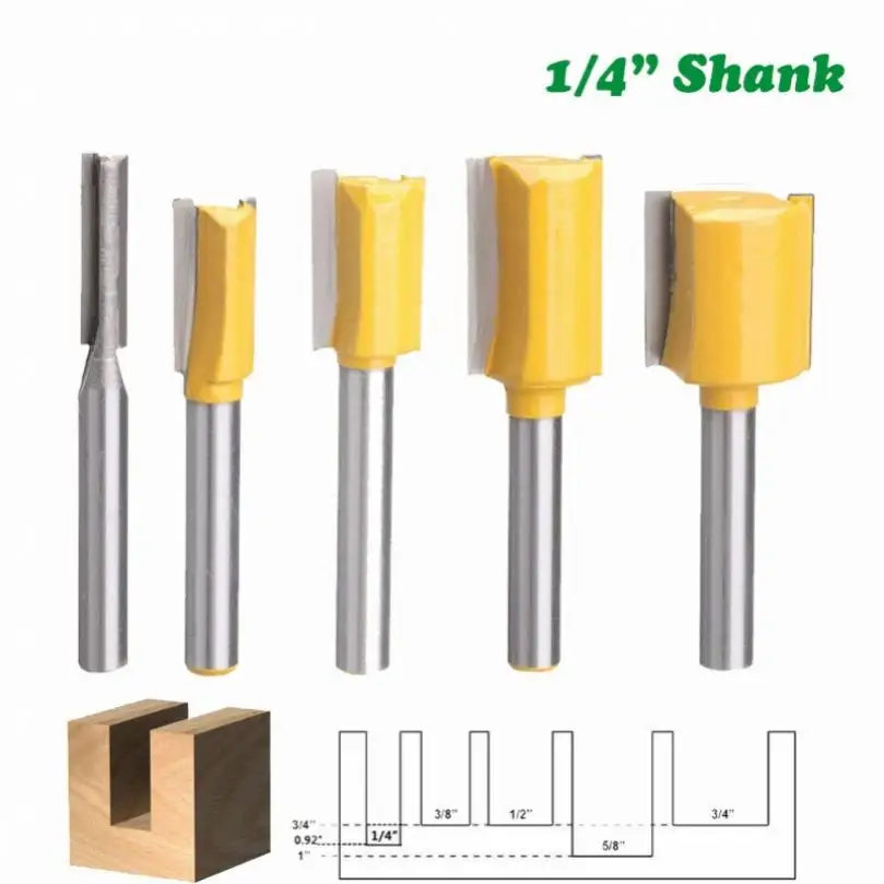 5set 1/4inch Shank Straight Carbide Alloy Straight Router Bits for Woodworking Tungsten Alloy Double Edged Straight Cutter Set