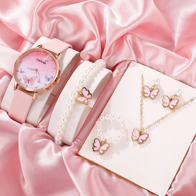 6PCS Set Women Fashion Quartz Watch Female Clock Pink Butterfly Dial Luxury Brand Design Ladies Leather Wrist Watch Montre Femme AliExpress