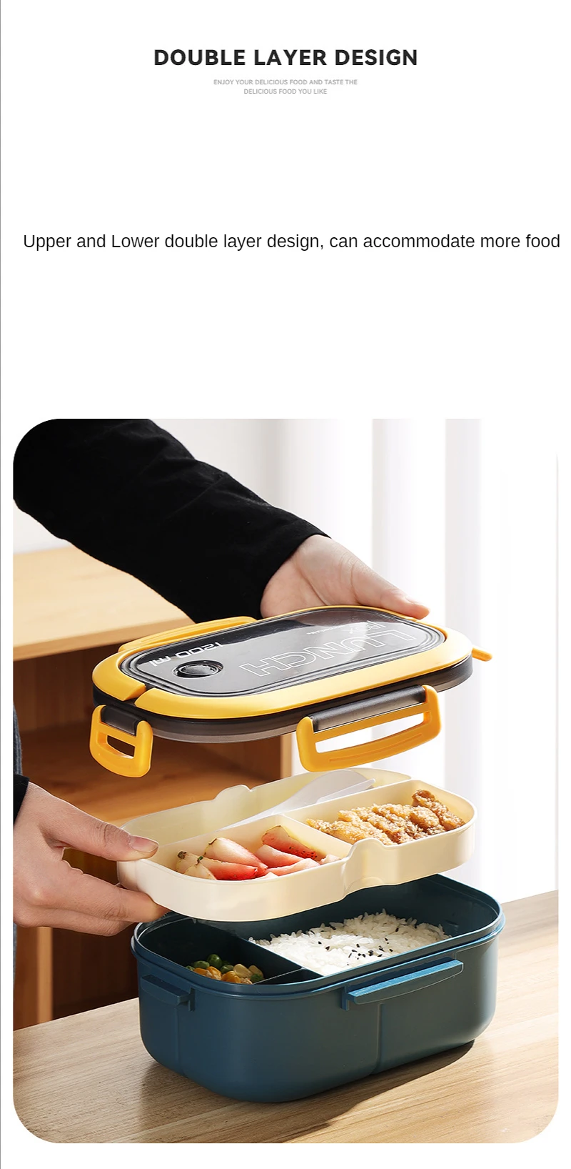 1200ML 2 Layer Bento Lunch Box With Spoon Fork, Kid High Capacity Microwae Food Containers Portable Leakproof Office Camping