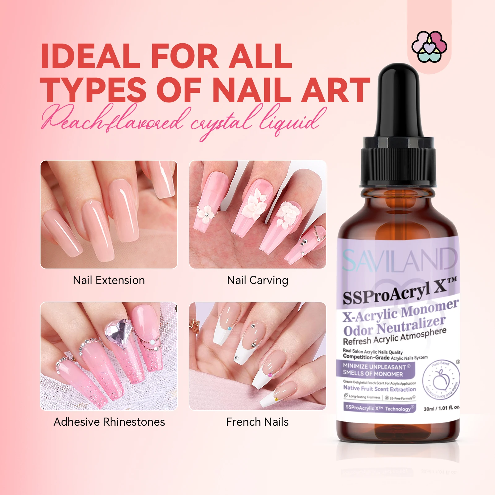 SAVILAND 30ml ピーチの香り モノマー臭消し液 アクリルネイルリキッド用 ドロッパー付き プロ用ネイルテクニシャン向け