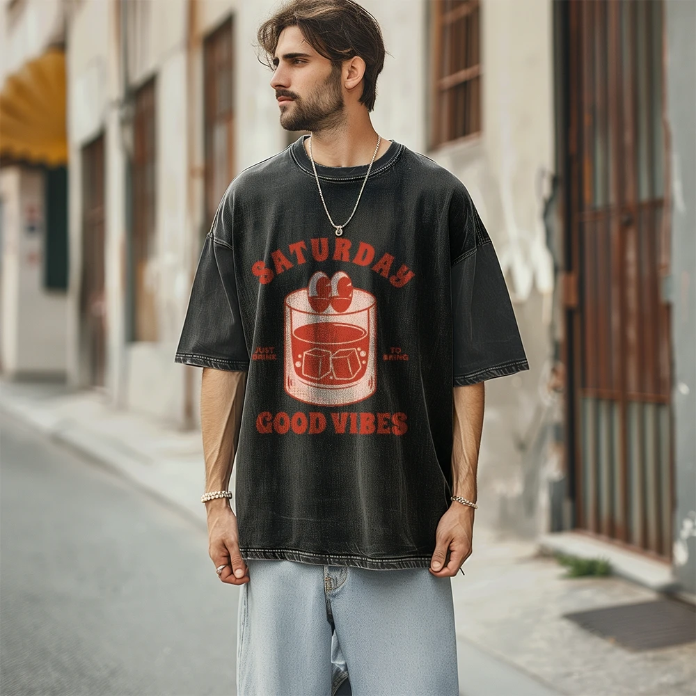Ice Cube Drink Alphabet Printed Short Sleeve Men's and Women's Same Summer Fashion Trend Shoulder Retro Casual T-Shirt