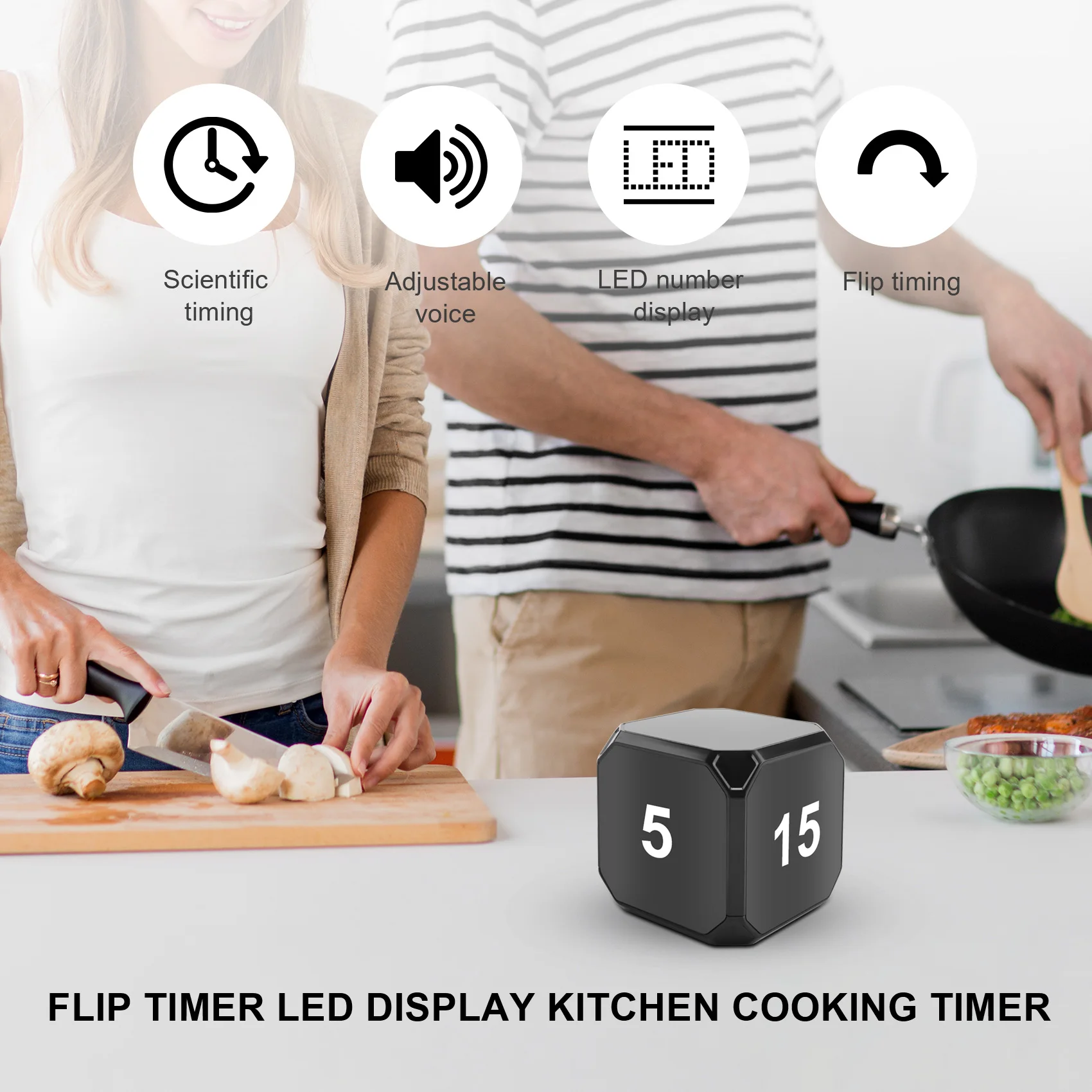 Cubo-Sensor de cocina Flip, gestión de meditación y cuenta atrás, 5-15-25-45 Min (negro)