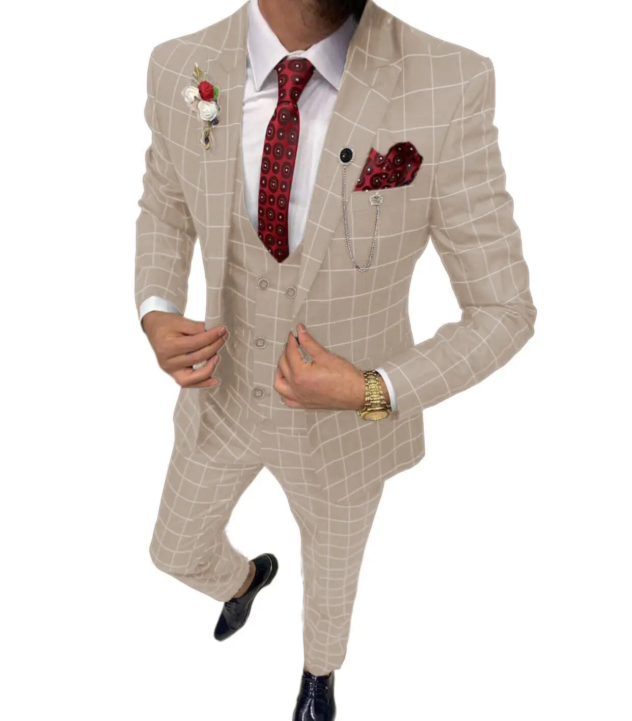 Mens Suits Plaid 3 Pieces Business Suits Men Dress Suits Casual Commuter Office For Wedding (Blazer+Vest+Pants)