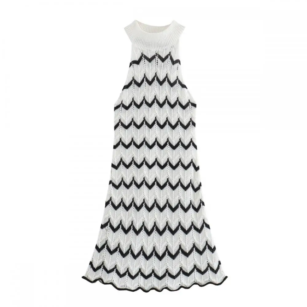 

Women's New Striped Neckline Knitted Dress Fashion Casual Party Sleeveless Dress Hanging Neck Sleeveless Striped Plaid Dress