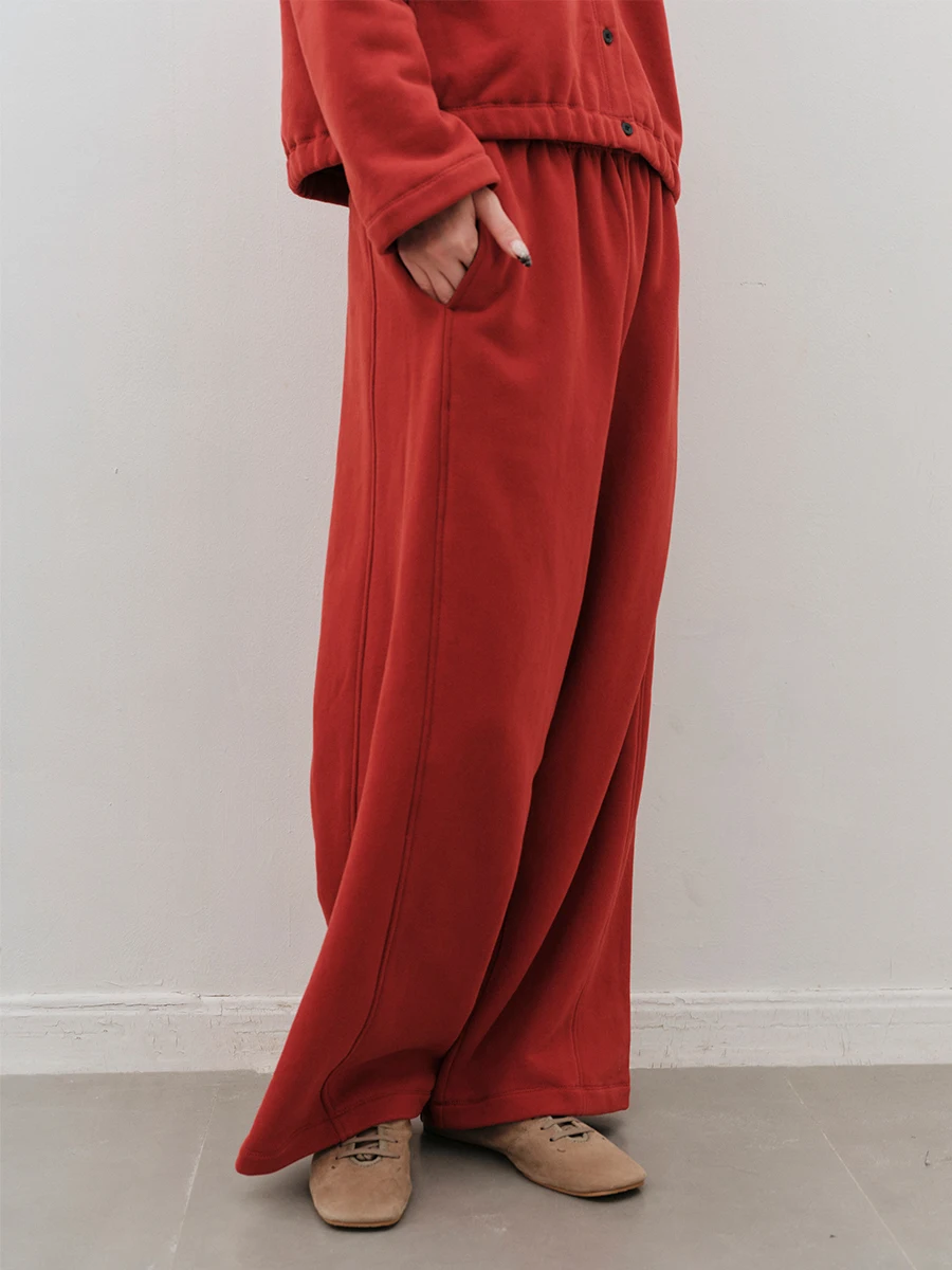 

Casual Cotton Fce Wide Leg Pants Women's Elastic Waist Comfortable Warm Trousers for Ladies Spring Autumn Winter Season