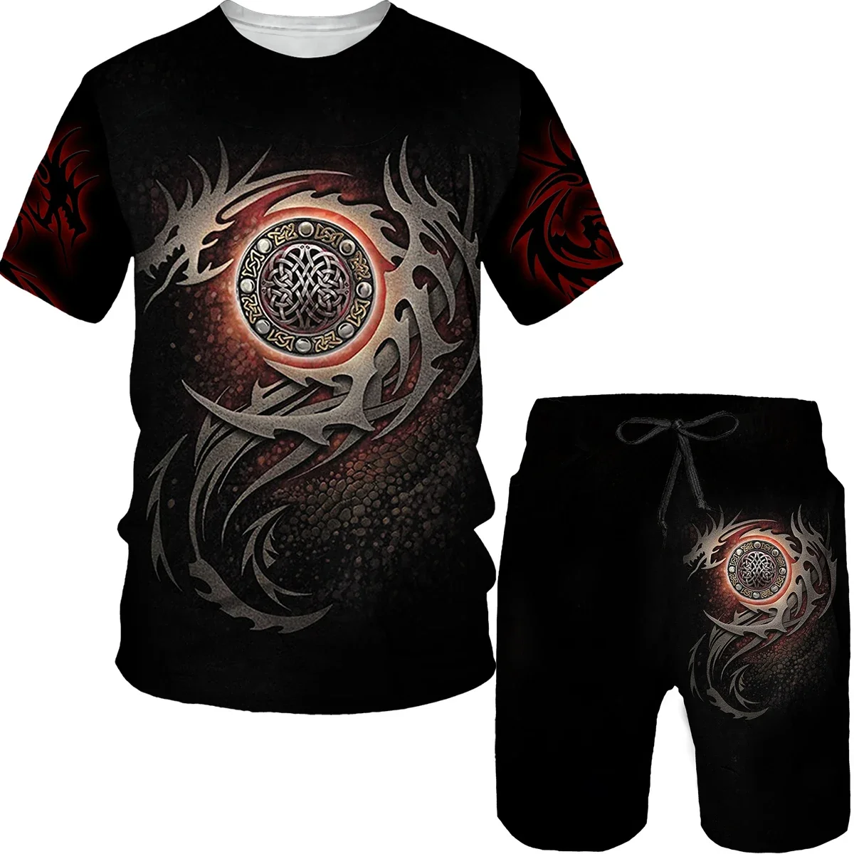 New Dragon Pattern 3D Printed Men\'s T-shirt Set Summer Casual Round Neck T-shirt Shorts Two Piece Set Fashion Men\'s Wear Trend