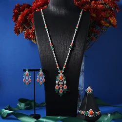 IN JEWELIFE Trendy Turquoise Zircon Long Necklace Earring Bracelet Ring Jewelry Sets for Women Party Luxury Wed Jewellery