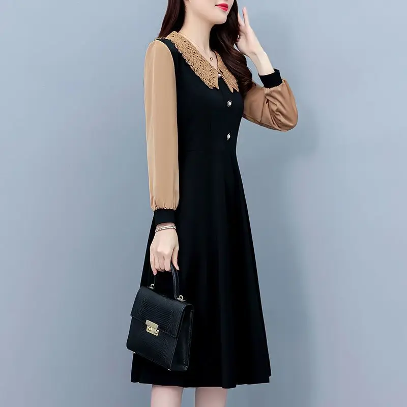 Commute Lace Peter Pan Collar Midi Dress Spring Autumn Long Sleeve Spliced Female Clothing Button Elegant A-Line Waist Dresses