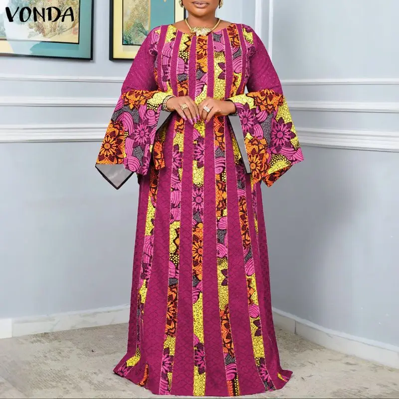 

Платье макси VONDA для женщин больших размеров (до 5XL), в богемном стиле, с длинными расклешенными рукавами, винтажное, повседневное, свободное, для осенних вечеринок, длинное платье-ромпер