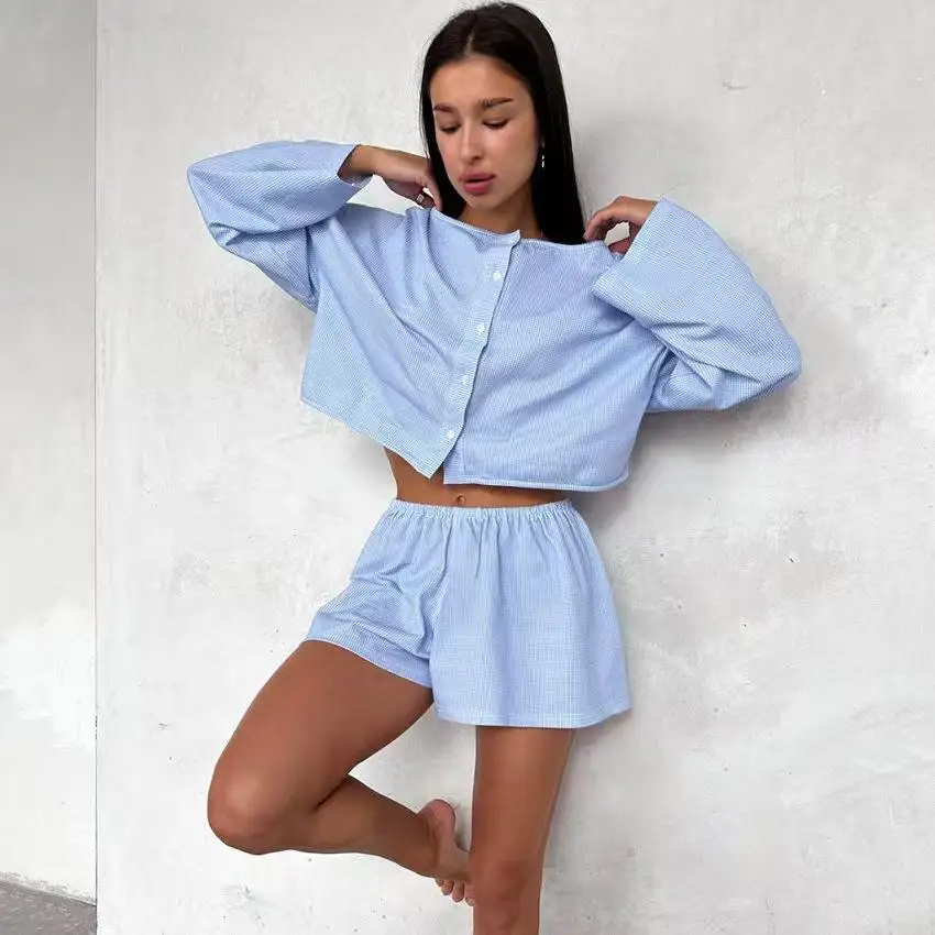 

Home Sle Plaid Long Sve Cardigan Top And orts Set Women's Autumn Wear Comfortable Breathable Home Clothes Set