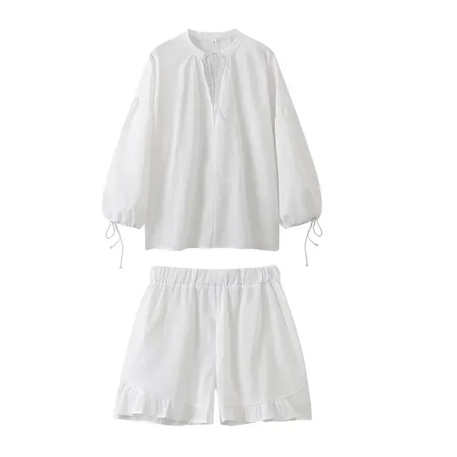 New Summer Fashion Women Suits White V-Neck Long Sleeve Bow Lace-Up Shirts+Elastic Waist Pleated Decoration Shorts