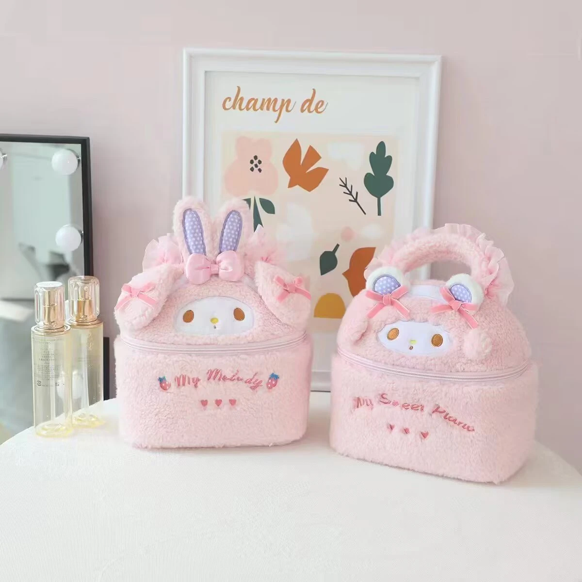 Cute My Melody Sweet Piano Cosmetic Bag Lovely Pink Drawstring Bag Kawaii Jewel Case Japanese Style Plush Bag Gifts Girl