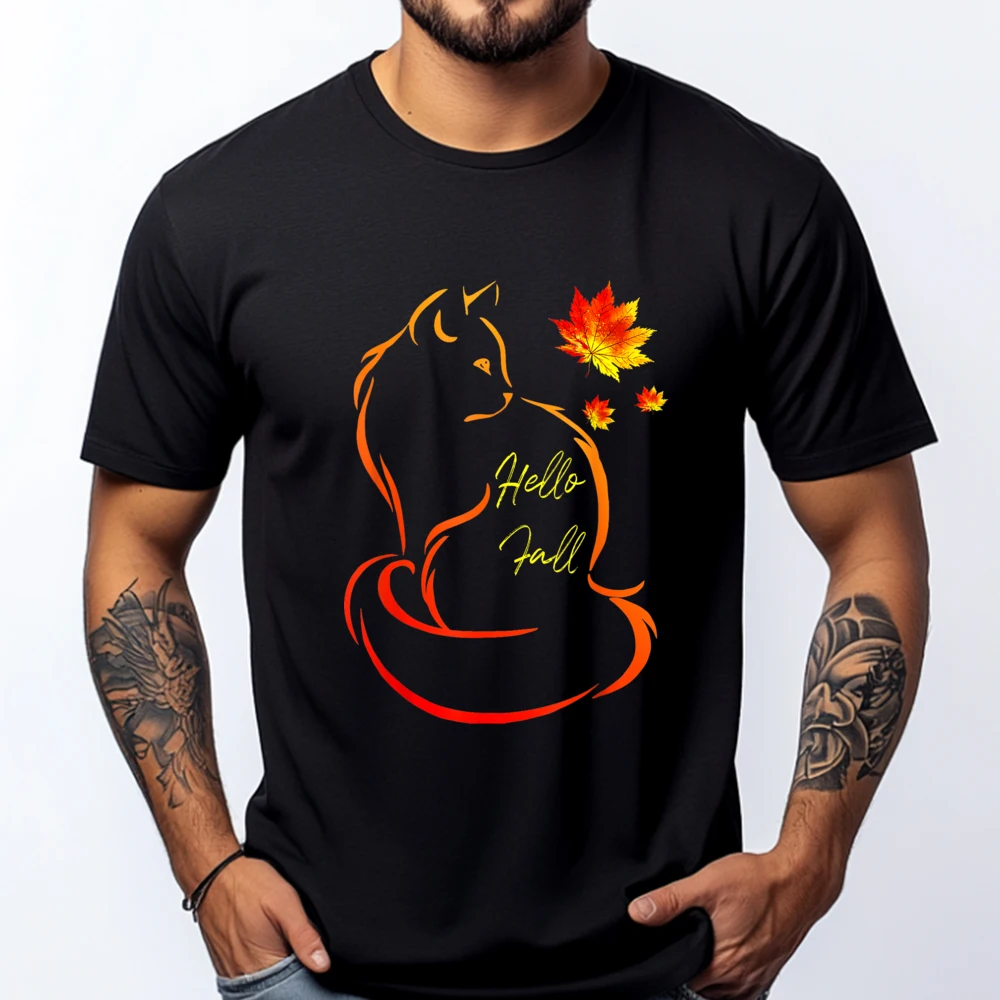 

Hello Fall Cat Shirt Cat Autumn Leaves Kitten Lover Mens Shirts Graphic Tee Casual Everyday Luxury T-Shirt Mardi Gras