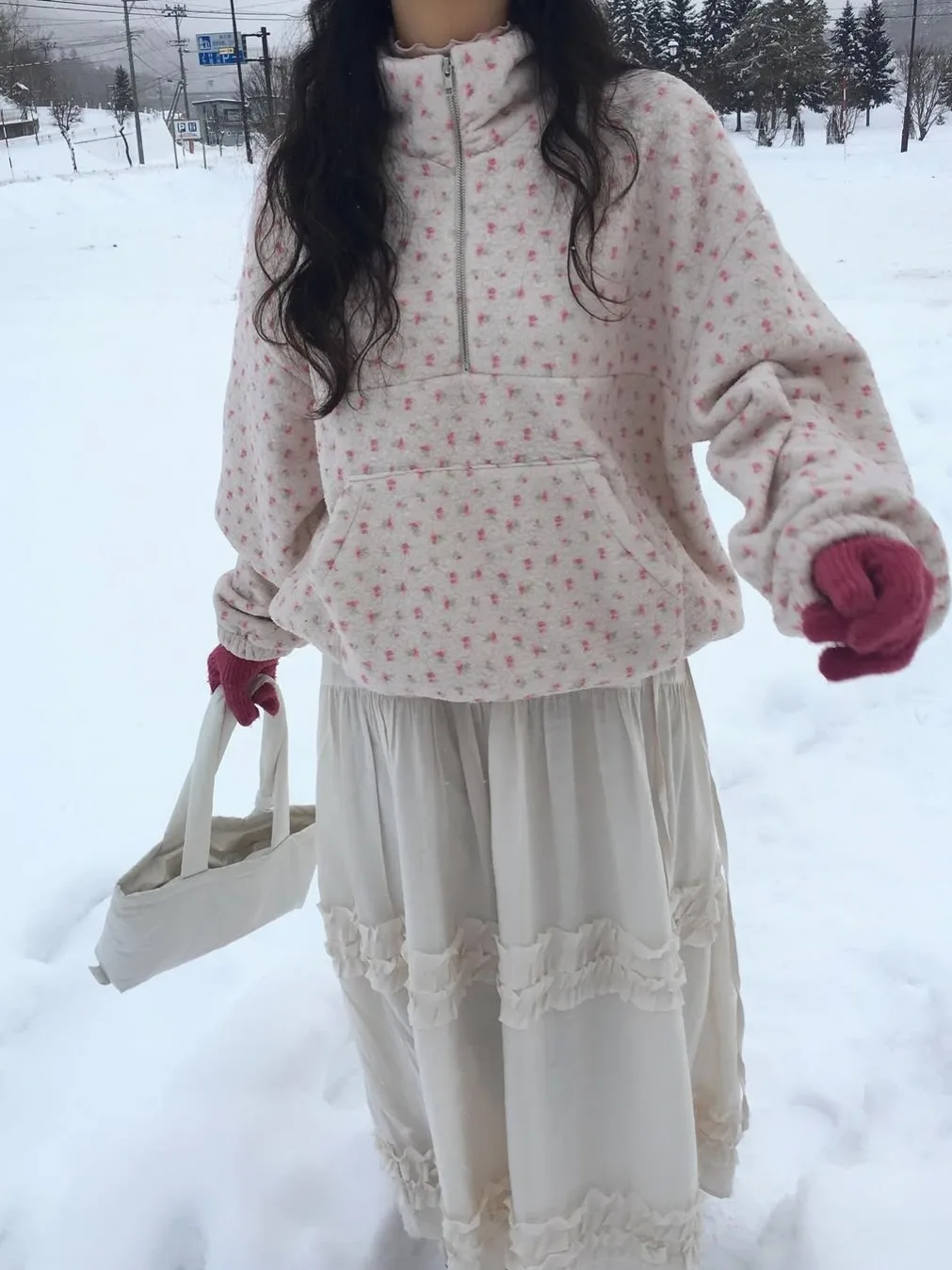 Felpa in pelliccia di agnello con stampa floreale Colletto alla coreana con cerniera Autunno Inverno da donna Anti-età Grande ket Top caldo versatile