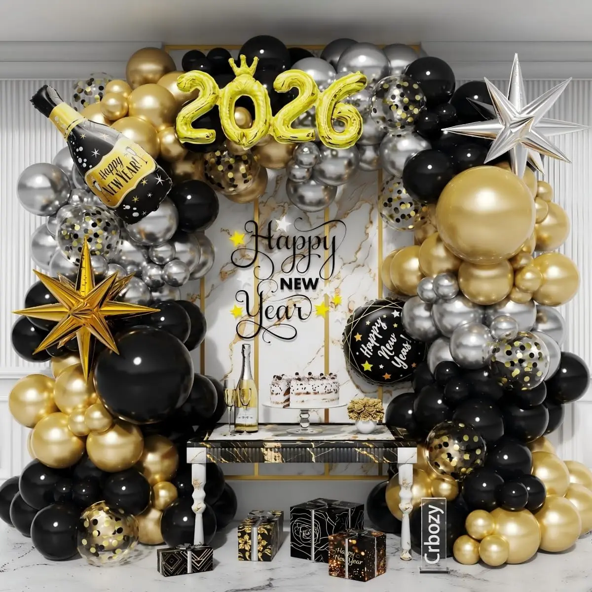 

117Pcs Black Gold Happy New Year Balloon Arch Garland Kit Champagne 2026 Foil Balloons for 2026 New Year Eve Birthday Party Deco