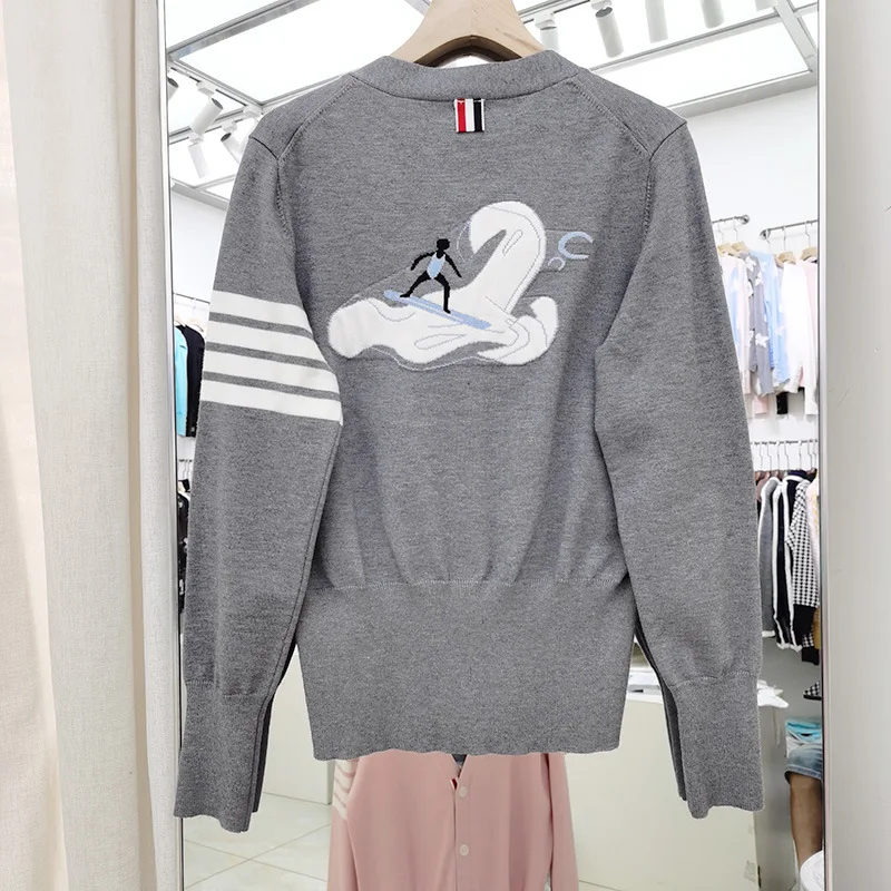 

Surf Sailing Knit Caridgans , Autumn Oversize Sweater , Grey Color Preppy Knitted Jumpers, 여성 반팔 니트 , ملابس نسائية شتوية